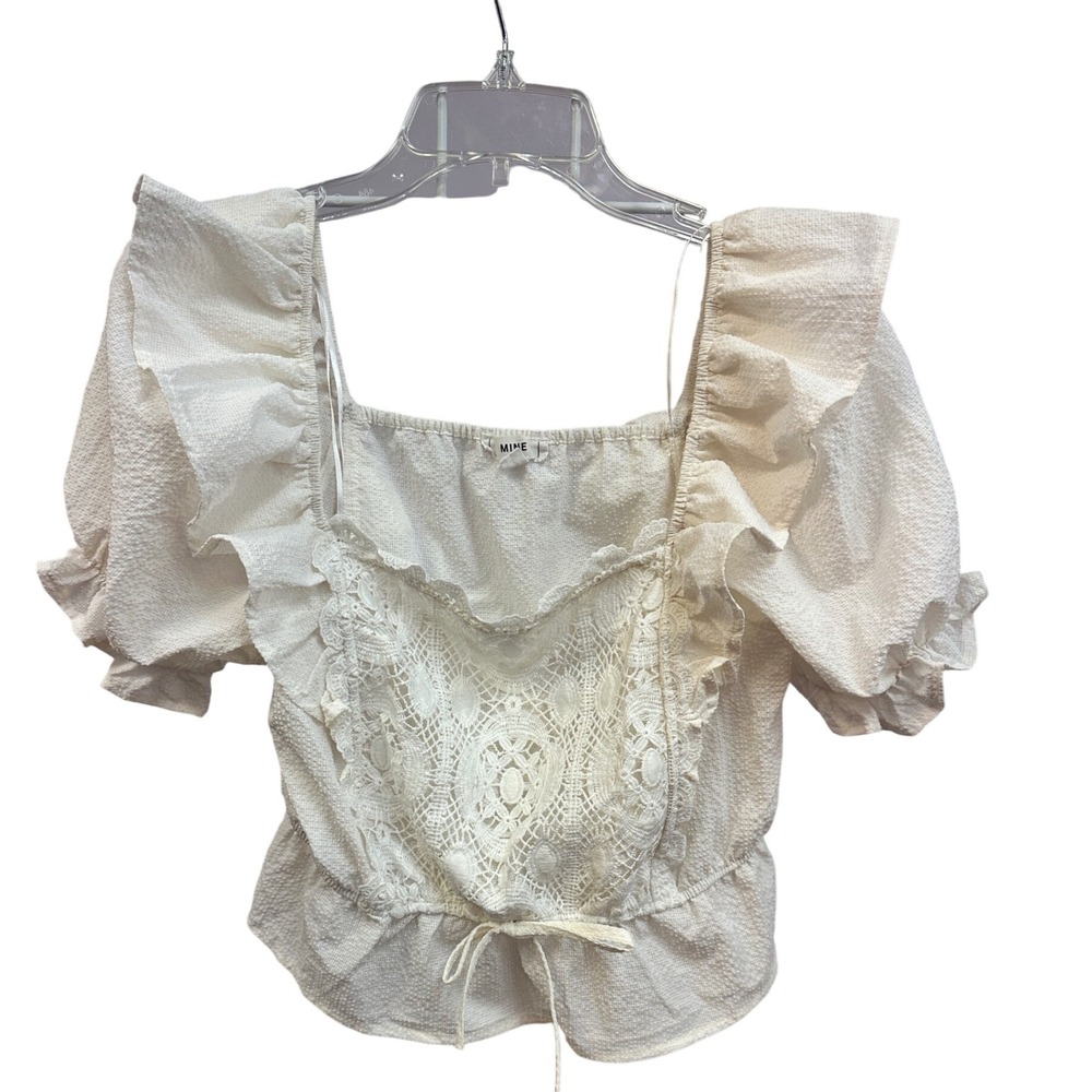 MINE Women's Cream Lace Ruffle Square Neck Puff Short Sleeve Blouse Top